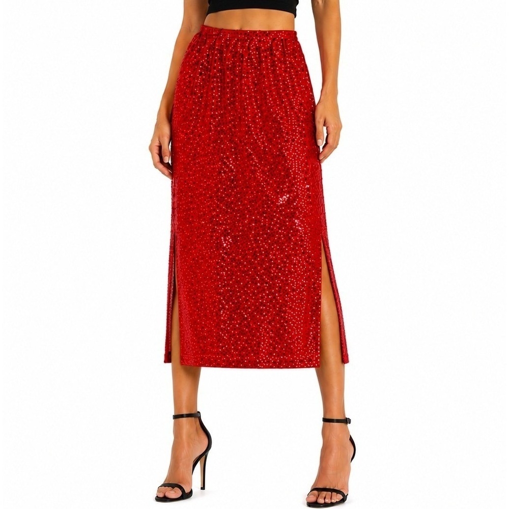 Double Trouble M Sequin Midi Skirt Red Disco Holiday Party Sparkle NYE Glamour